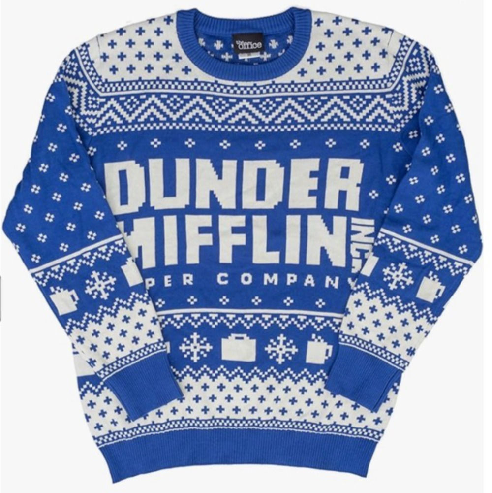 The Office Dunder Mifflin Sweater Blue Gray Christmas Ugly Jumper Size Large